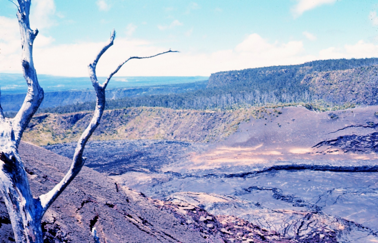 A volcanic crater with cracking floor, basalt cliffs and a dead tree in moon-like volcanic terrain (Image credit: Dr. James P. McVey) A volcanic crater with cracking floor, basalt cliffs and a dead tree in moon-like volcanic terrain