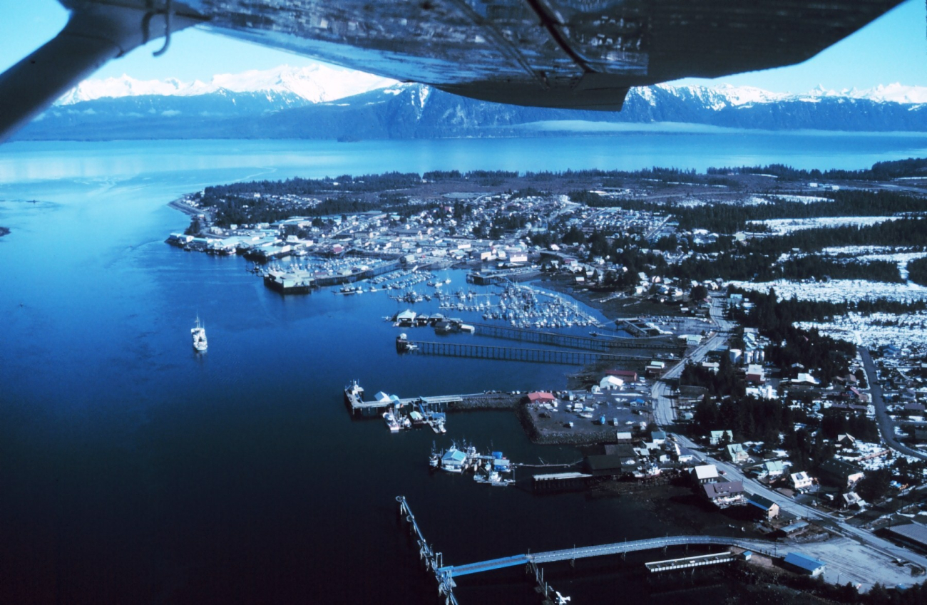 Petersburg from the air - NOAA Ship RAINIER anchored off harbor (Image credit: Commander John Bortniak) Petersburg from the air - NOAA Ship RAINIER anchored off harbor