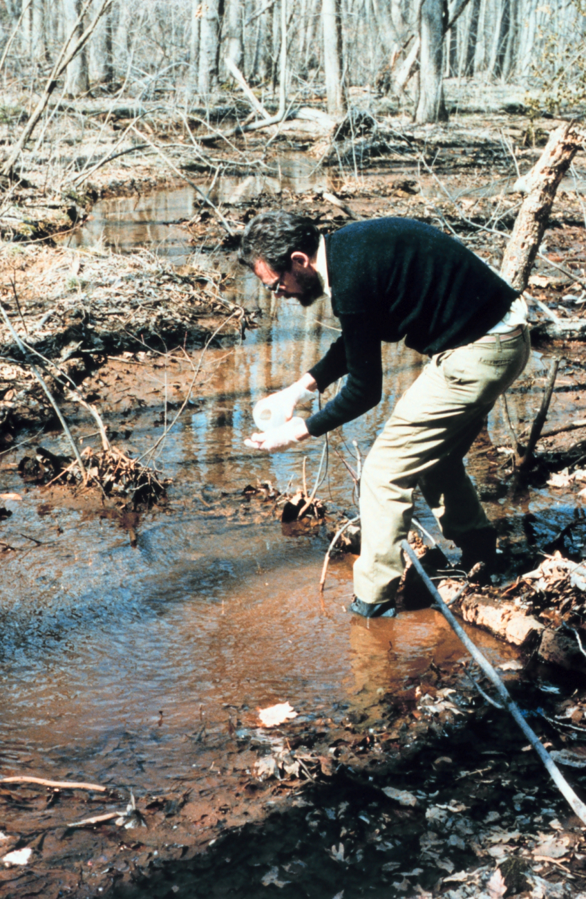 Collecting water samples for acid rain analysis in a Chesapeake wetlandtributary (Image credit: Mary Hollinger) Collecting water samples for acid rain analysis in a Chesapeake wetlandtributary