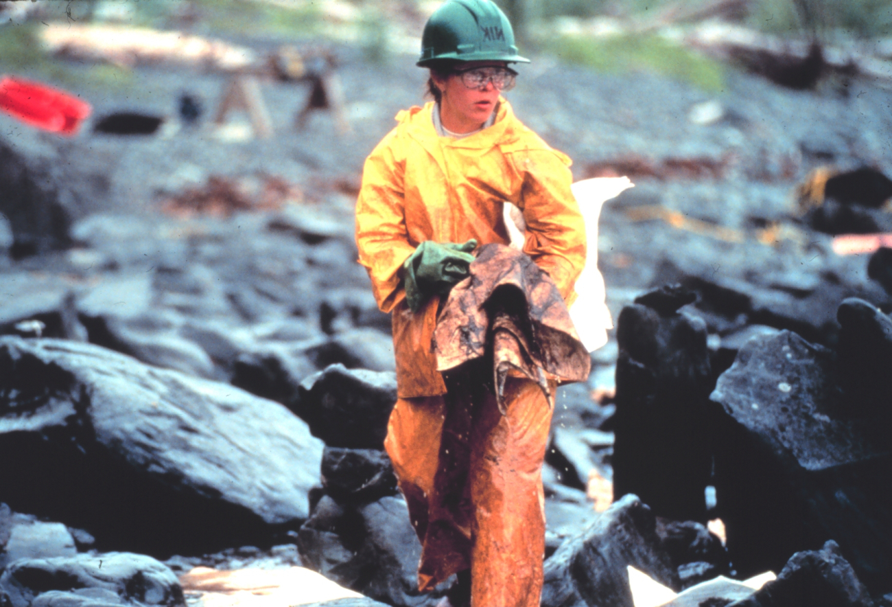 Worker in oiled intertidal zone (Image credit: EXXON VALDEZ Oil Spill Trustee Council) Worker in oiled intertidal zone