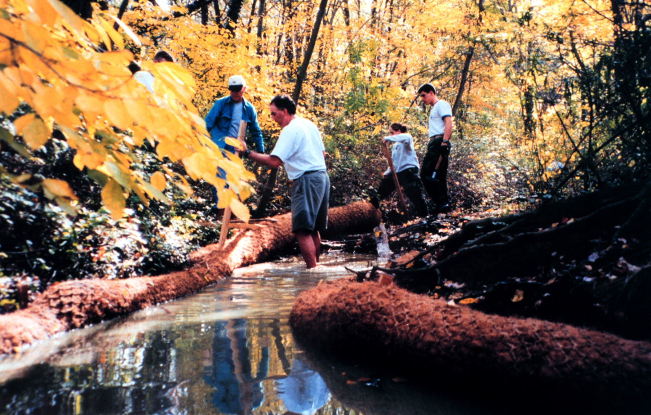 Installing Biologs to abate erosion problems along Spa Creek (Image credit: Mary Hollinger) Installing Biologs to abate erosion problems along Spa Creek