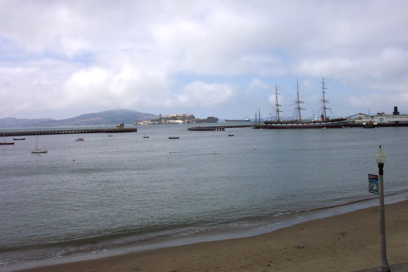 A view of the square-rigger BALCLUTHA and Alcatraz Island from near the SanFrancisco Maritime Museum