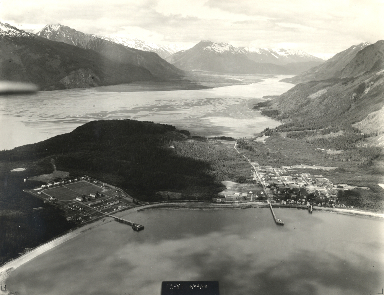 Aerial photograph looking west up the Chilkoot Inlet (Image credit: Collection of Vice Admiral H. Arnold Karo) Aerial photograph looking west up the Chilkoot Inlet