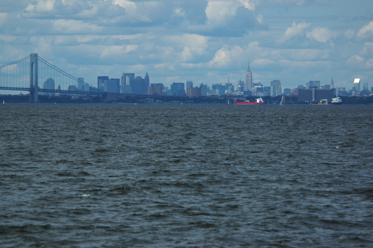 Looking over the east end of the Verrazano Narrows Bridge to Brooklyn andthe New York Manhattan skyline beyond (Image credit: Personnel of the NOAA Ship THOMAS JEFFERSON) Looking over the east end of the Verrazano Narrows Bridge to Brooklyn andthe New York Manhattan skyline beyond