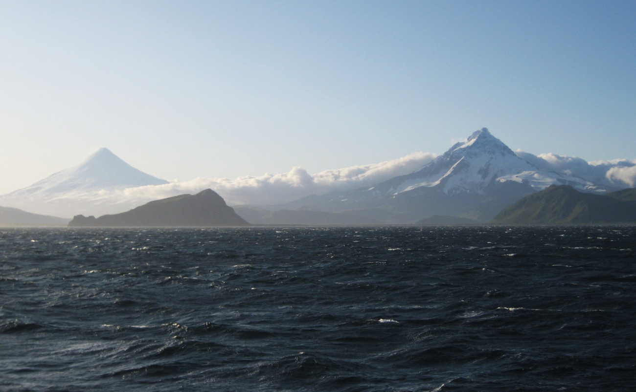 Shishaldin (left) and Isanotski volcanoes on Unimak Island (Image credit: Second Mate Michael Theberge) Shishaldin (left) and Isanotski volcanoes on Unimak Island