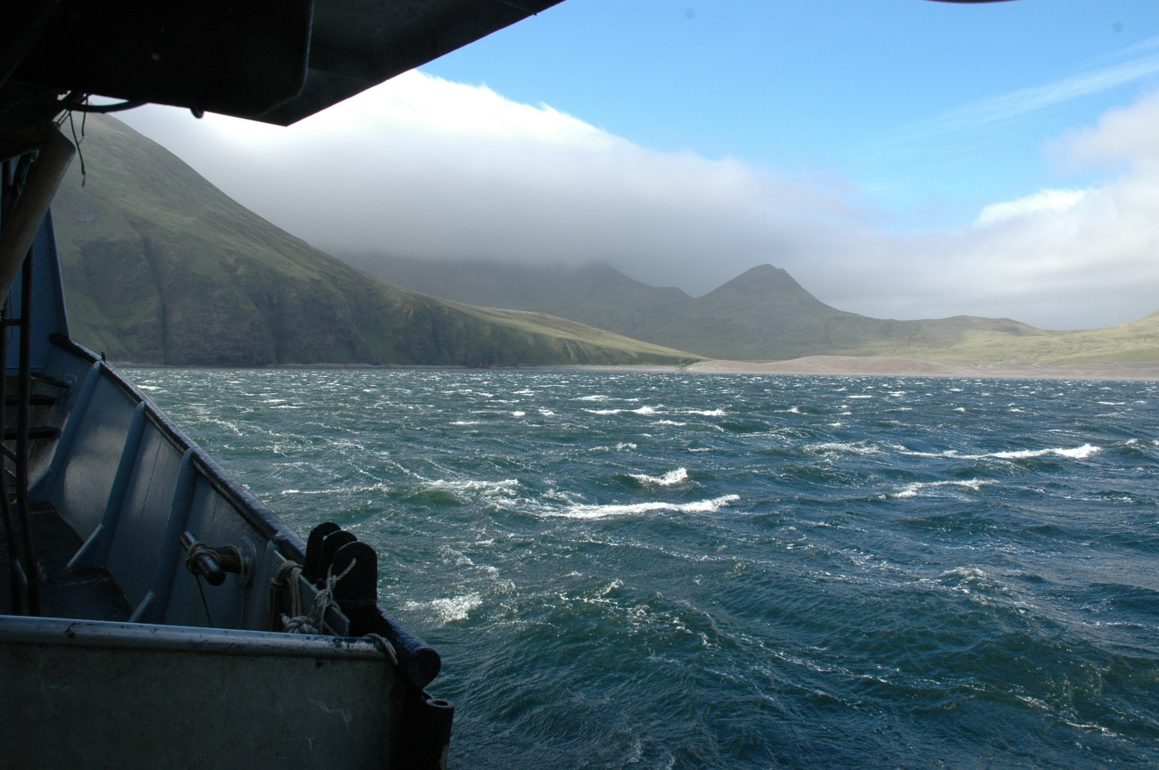 Fog blowing over the island while a williwaw stirs up the near shore waters (Image credit: Mandy Lindeberg) Fog blowing over the island while a williwaw stirs up the near shore waters