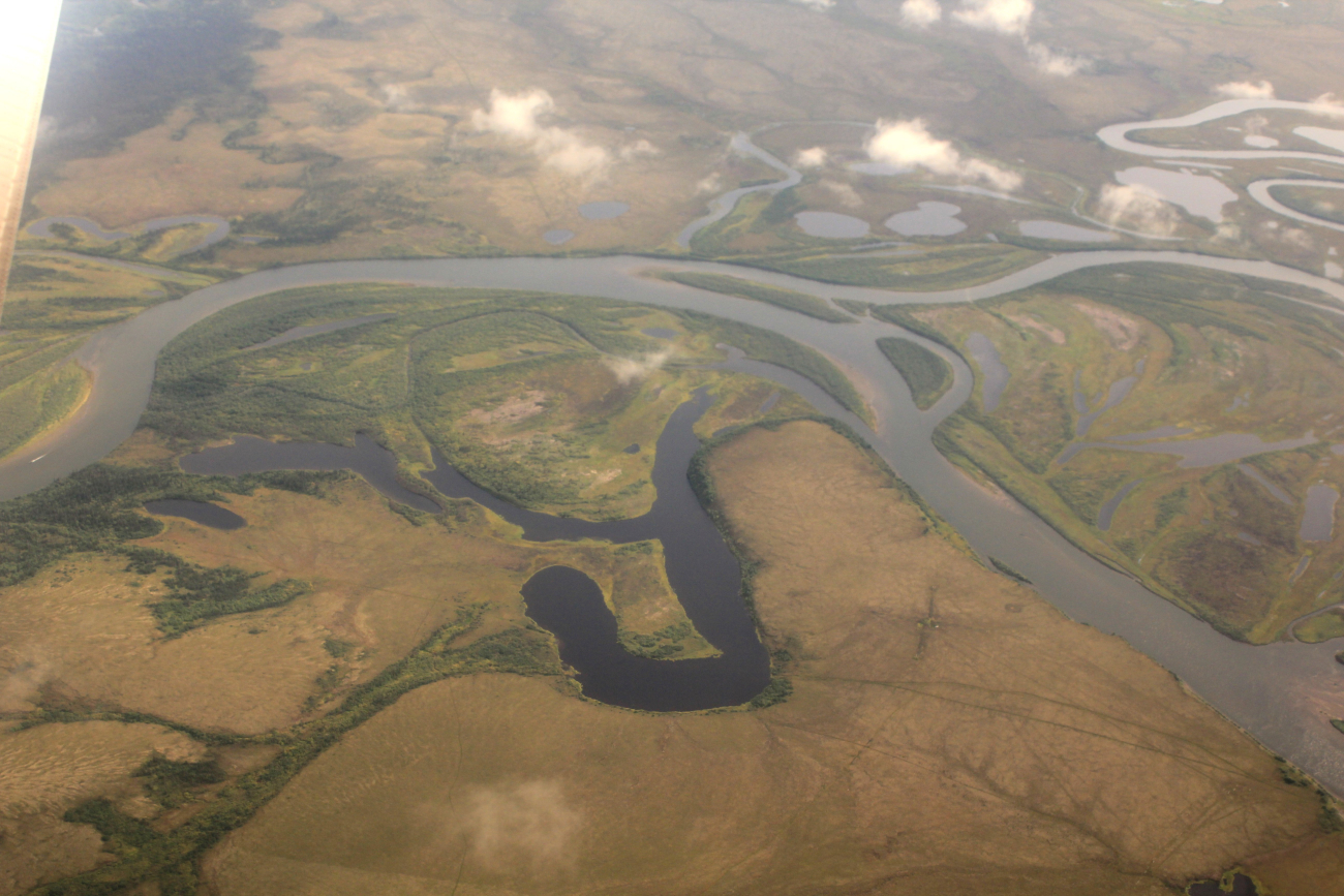 Flying over the Unalakleet River Delta showing oxbow lakes and bends on thelow gradient area next to Norton Sound (Image credit: Dr. John Cloud) Flying over the Unalakleet River Delta showing oxbow lakes and bends on thelow gradient area next to Norton Sound