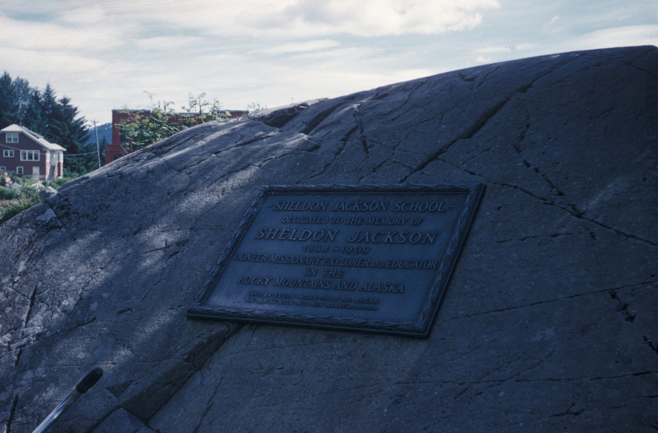 Sign commemorating the site of the Sheldon Jackson School, a pioneer missionary, explorer, and educator (Image credit: Family of Captain Miller Tonkel | Captain Miller Tonkel) Sign commemorating the site of the Sheldon Jackson School, a pioneer missionary, explorer, and educator