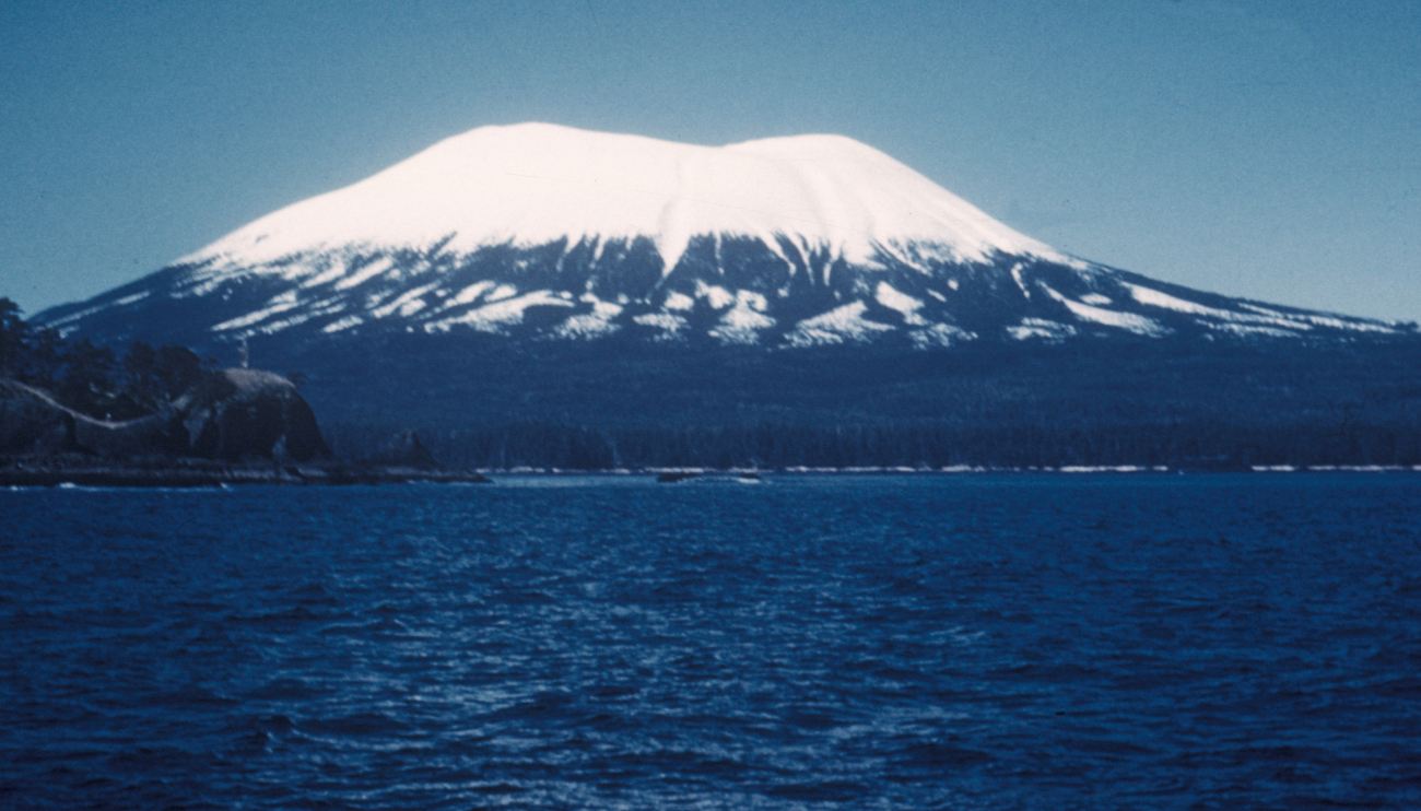Mount Edgecumbe, a dormant volcano on the south end of Kruzof Island, can beseen from Sitka (Image credit: Family of Captain Miller Tonkel | Captain Miller Tonkel) Mount Edgecumbe, a dormant volcano on the south end of Kruzof Island, can beseen from Sitka