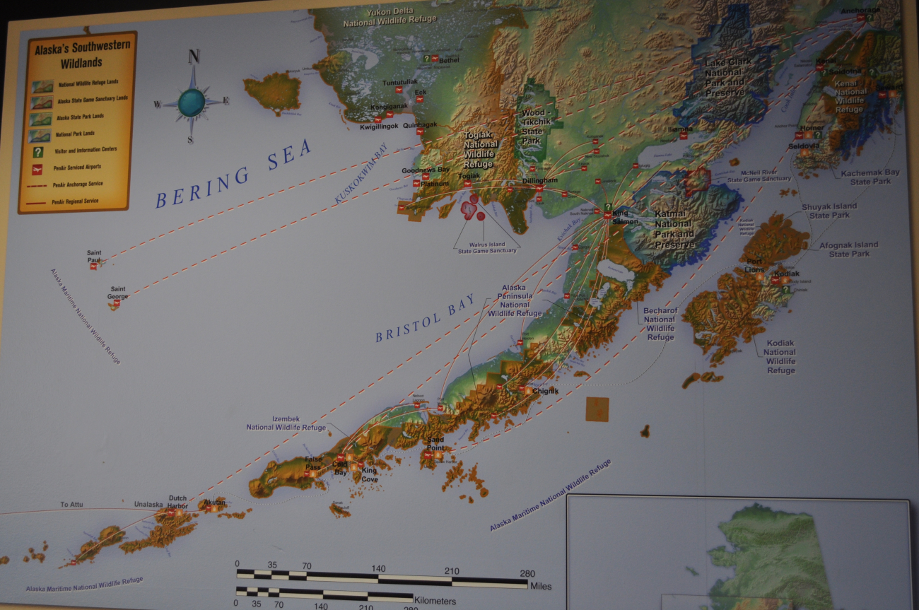 Map of Alaska at Anchorage Airport showing Alaska's SouthwesternWildlands and various aircraft flight routes (Image credit: Mr. Tom Ward NOAA Teacher at Sea Program) Map of Alaska at Anchorage Airport showing Alaska's SouthwesternWildlands and various aircraft flight routes