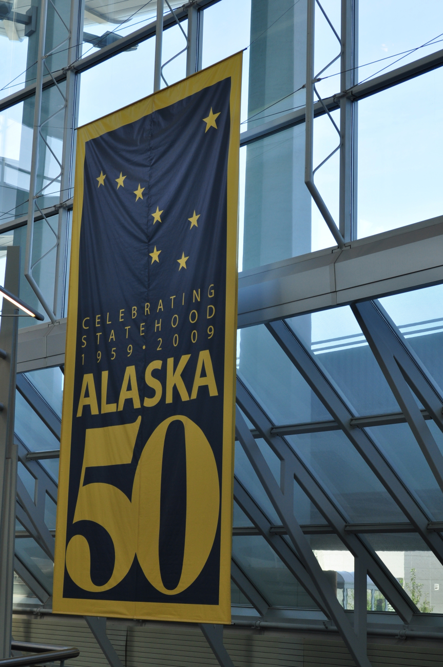 Sign at Anchorage Airport celebrating 50 years of Statehood (Image credit: Mr. Tom Ward NOAA Teacher at Sea Program) Sign at Anchorage Airport celebrating 50 years of Statehood