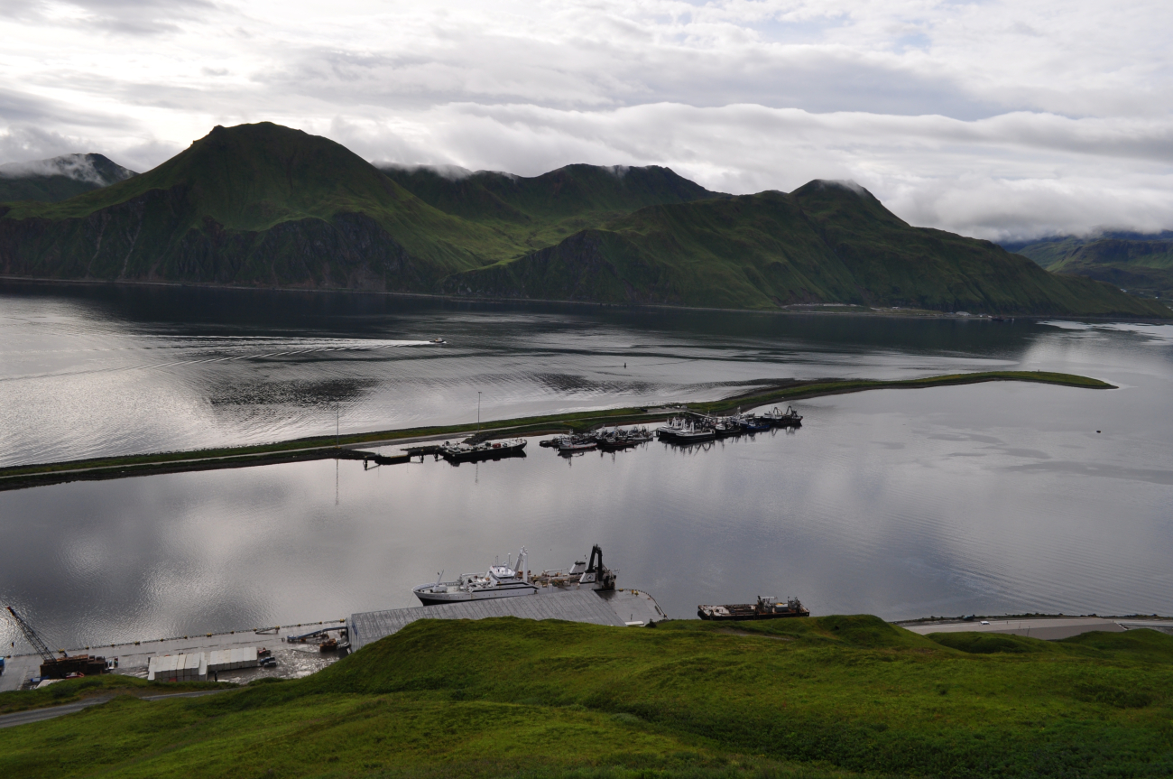 Man-made breakwater sheltering vessels at Dutch Harbor (Image credit: Mr. Tom Ward NOAA Teacher at Sea Program) Man-made breakwater sheltering vessels at Dutch Harbor