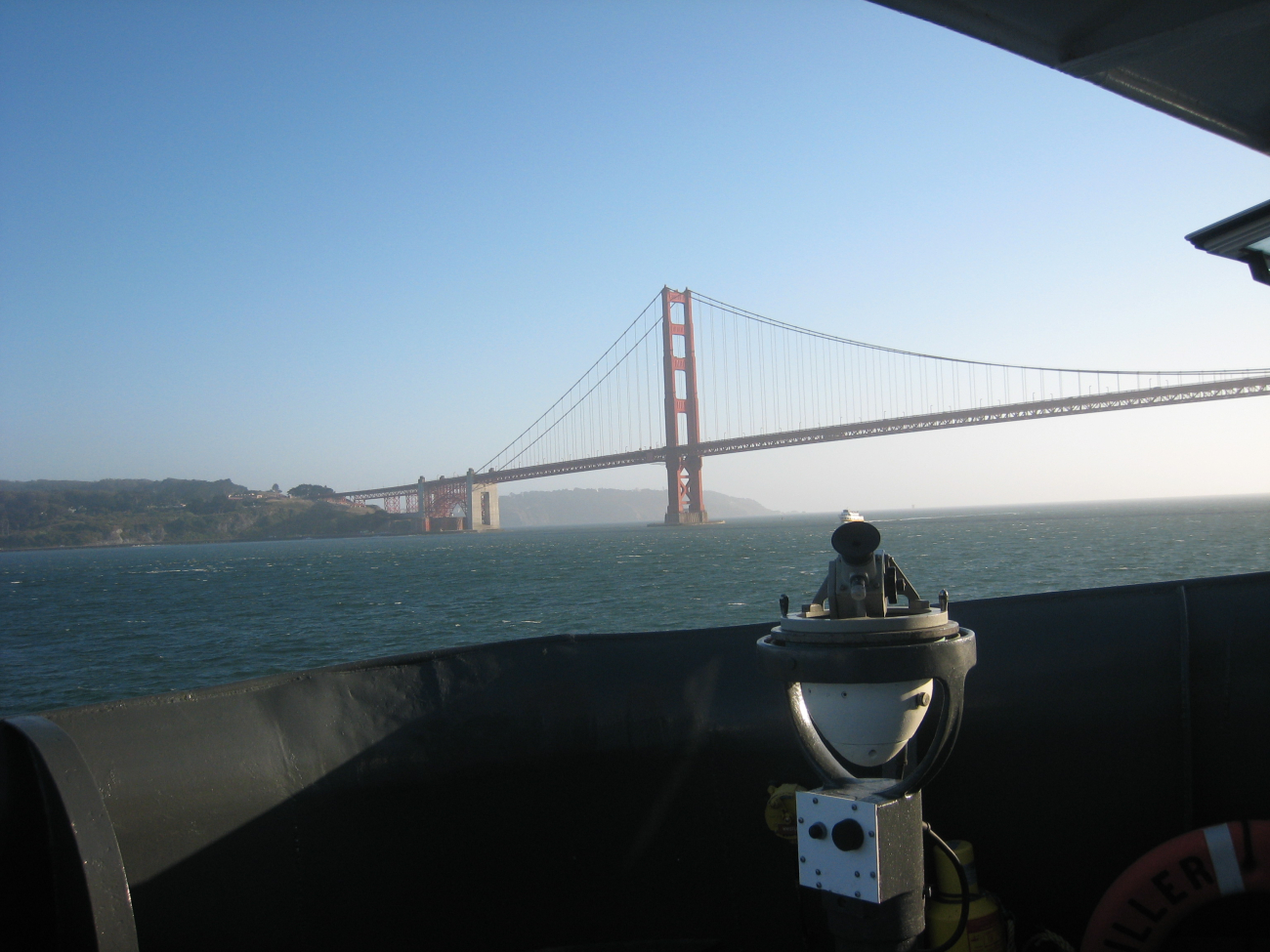 Looking at the south pier of the Golden Bate Bridge from the portbridge wing of the MILLER FREEMAN (Image credit: Crew and Officers of NOAA Ship MILLER FREEMAN) Looking at the south pier of the Golden Bate Bridge from the portbridge wing of the MILLER FREEMAN