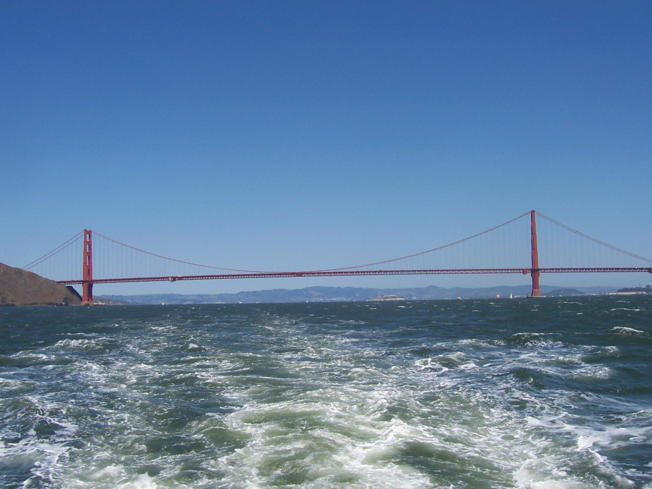 The Golden Gate Bridge seen astern with Alcatraz Island in theright center (Image credit: Crew and Officers of NOAA Ship MILLER FREEMAN) The Golden Gate Bridge seen astern with Alcatraz Island in theright center