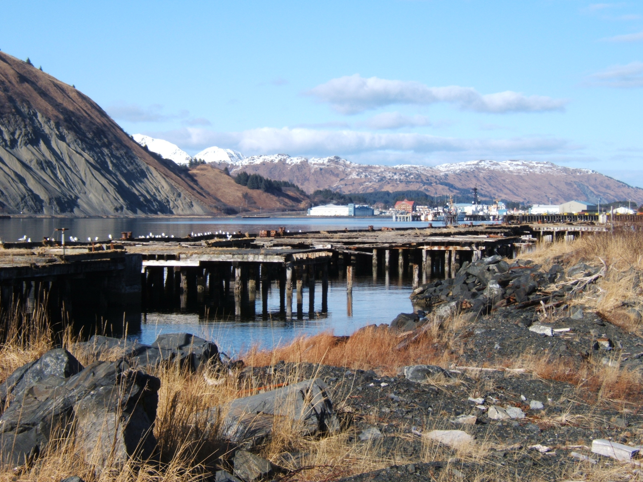 Looking over crumbling piers to the Coast Guard Base at Kodiak (Image credit: Crew and Officers of NOAA Ship MILLER FREEMAN) Looking over crumbling piers to the Coast Guard Base at Kodiak