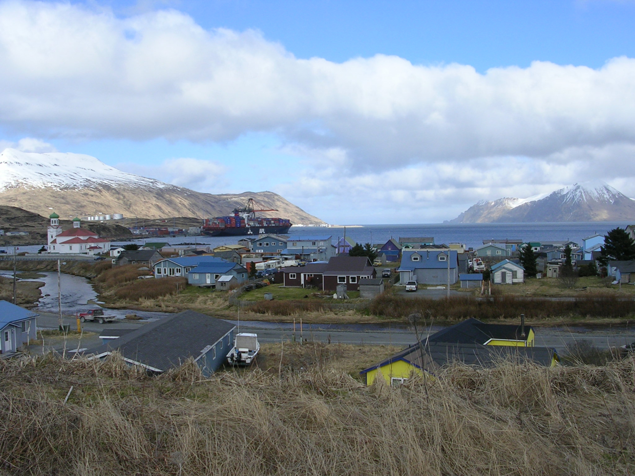 Residential district of Dutch Harbor with the old Russian Orthodox Church andthe American President Lines container dock in the middle distance (Image credit: Crew and Officers of NOAA Ship MILLER FREEMAN) Residential district of Dutch Harbor with the old Russian Orthodox Church andthe American President Lines container dock in the middle distance