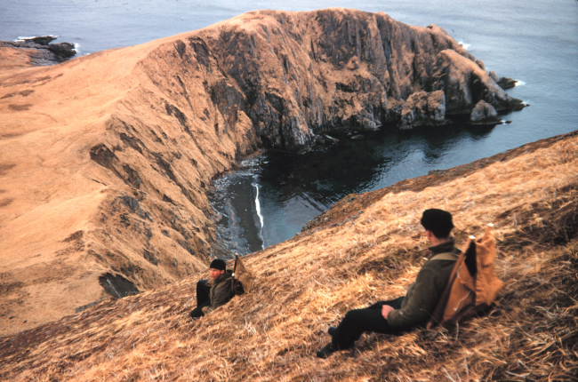 Signal building party resting on the slopes of Kagalaska Island