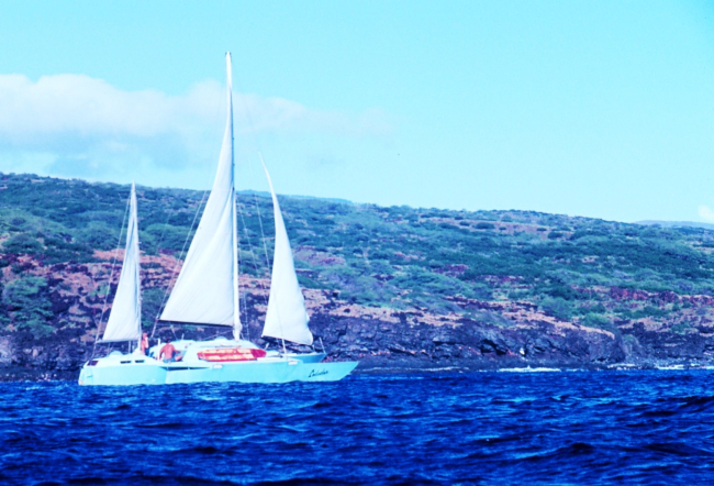Catamaran sailing off Hawaiian island