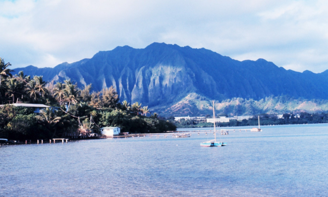 Kaneohe Bay -trimaran tied up at the University of Hawaii Institute of MarineBiology