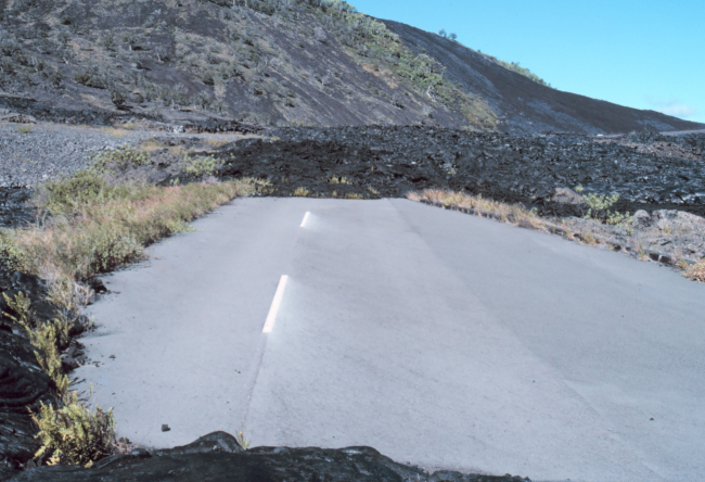 The end of the road caused by a lava flow across the pavement