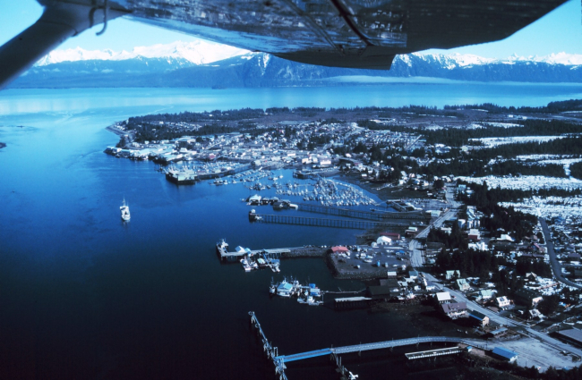 Petersburg from the air - NOAA Ship RAINIER anchored off harbor