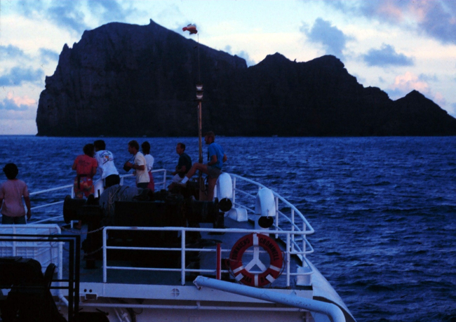 Science party on the bow taking in the sights while approaching Necker Island on the NOAA Ship TOWNSEND CROMWELL