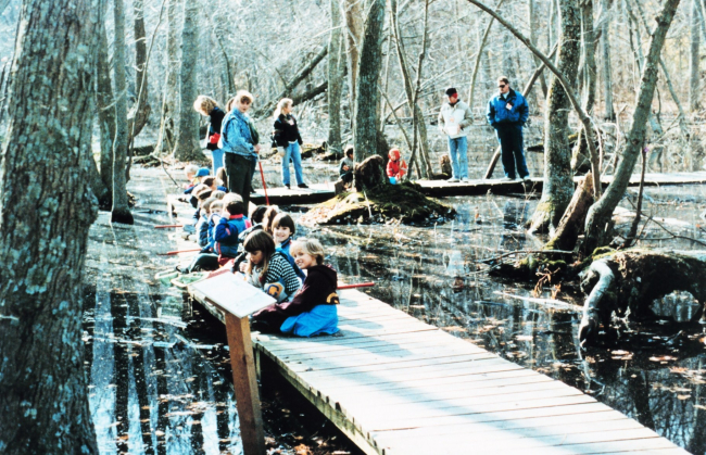 An elementary school outing at Flag Pond Marsh, a wetlands nature park