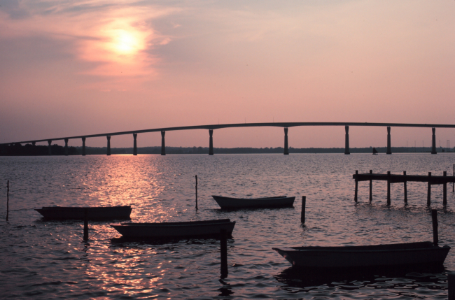 Sunset over the Thomas Johnson Bridge joining Calvert and St