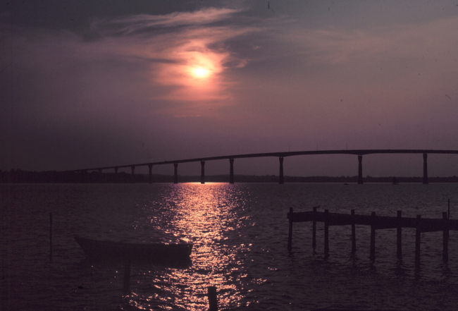 Sunset over the Thomas Johnson Bridge joining Calvert and St