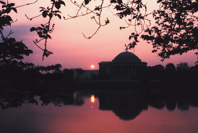 Sunset reflecting off the water at the Jefferson Memorial