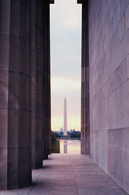 The Washington Monument reflected in the Reflecting Pool as seen from theLincoln Memorial