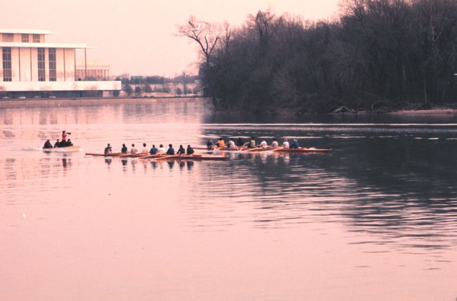 Early morning sculling on the Potomac with the Kennedy Center to left