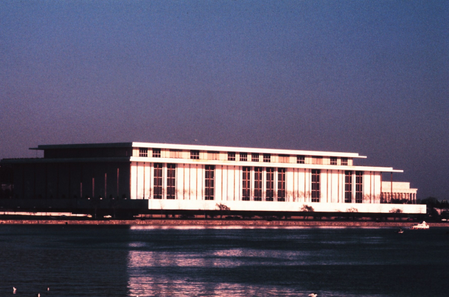 A late afternoon shot of the Kennedy Center as seen from the Potomac