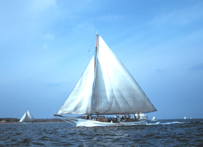 A sailing oyster dredger underway on Chesapeake Bay