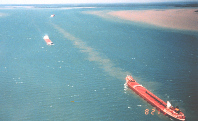 Great Lakes ore carrier in lower right at Sault Ste
