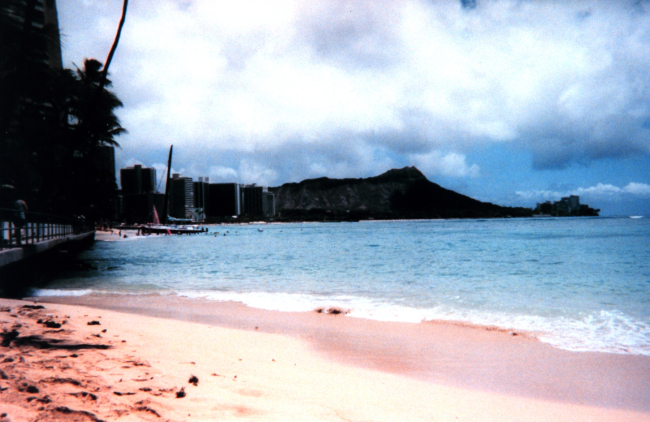 A silhouette of Diamondhead as seen from Waikiki