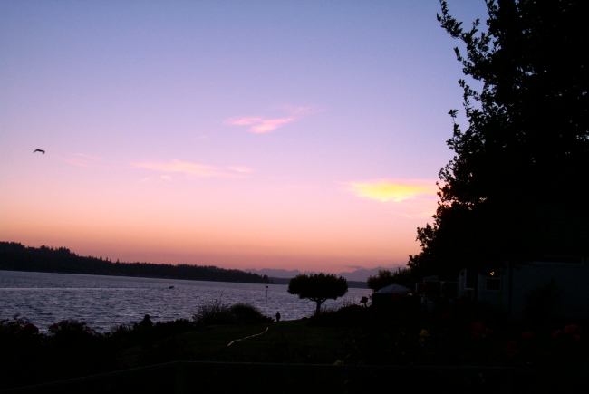 Fox Island and a silhouette of the Olympic Range as seen from Gig Harbor atsunset
