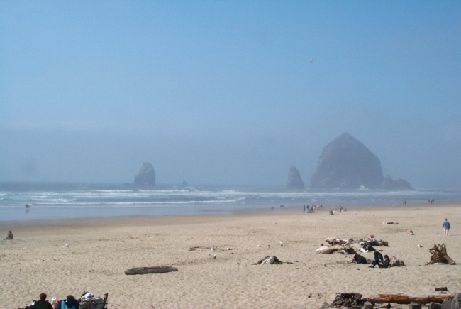 Haystack Rock at Cannon Beach on a misty day
