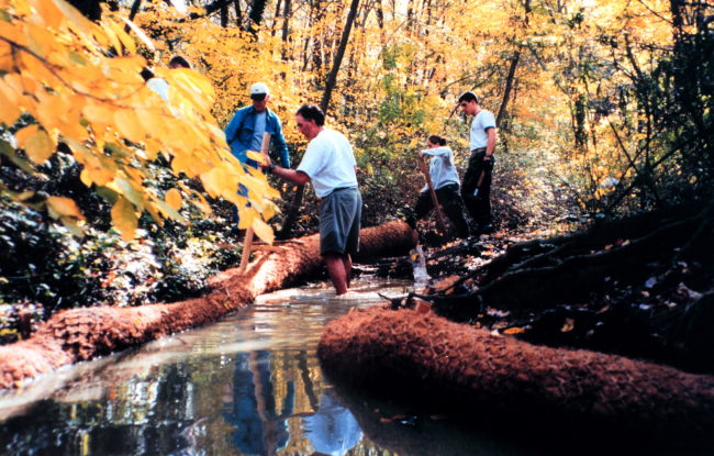 Installing Biologs to abate erosion problems along Spa Creek