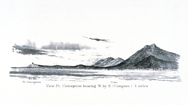 A view of Point Conception and the Point Conception Lighthouse from the SantaBarbara Channel