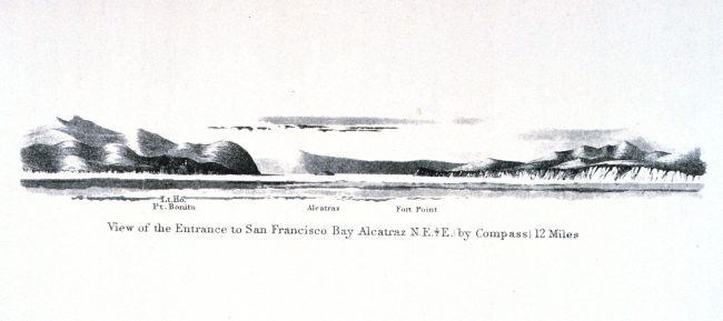 The entrance to San Francisco Bay with Alcatraz Island seen in the center of the image