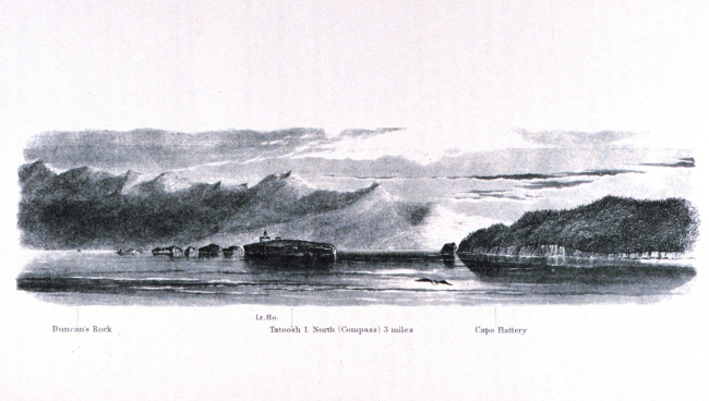 The lighthouse at Tatoosh Island with Cape Flattery and the entrance to the Straits of Juan de Fuca seen in the right center