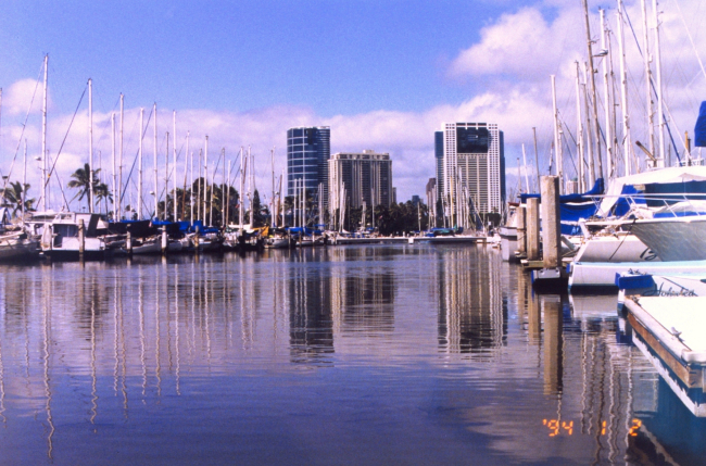 A view at the Ali Wai Yacht Harbor near Waikiki Beach