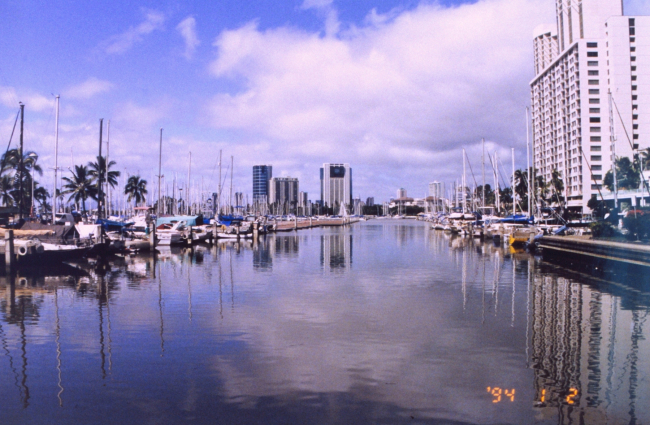 A view at the Ali Wai Yacht Harbor near Waikiki Beach