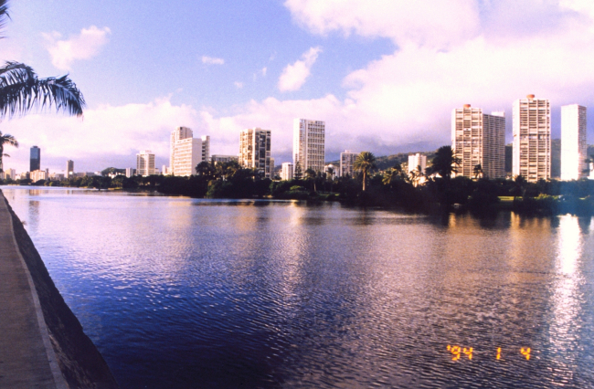 A view along the Ali Wai Canal near Waikiki Beach