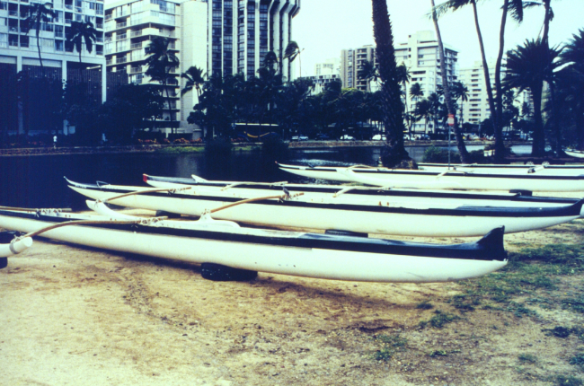 Outrigger canoes along the Ali Wai Canal