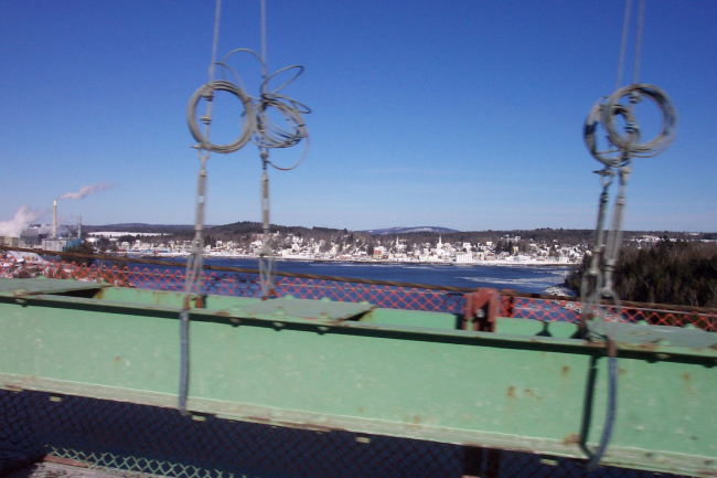 A view of Bucksport from the Waldo-Hancock suspension bridgeacross the Penobscot River