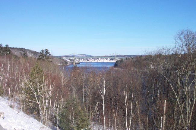 The Waldo-Hancock suspension bridge with Bucksport in thebackground