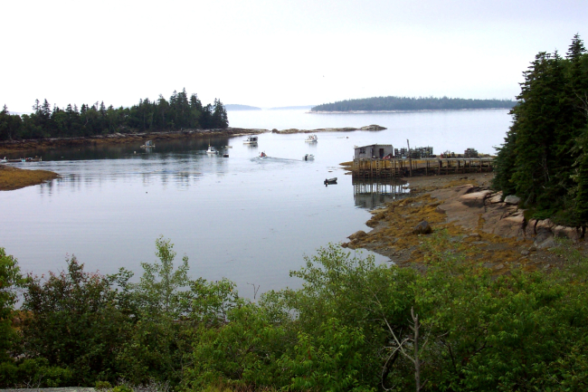 A lobster boat pier and boats at Sunshine, Maine
