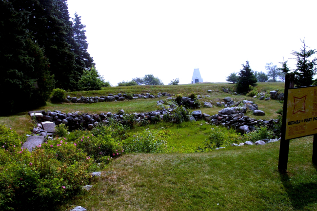 The Fort Point Bell Tower seen over the ruins of an old French andIndian War fort